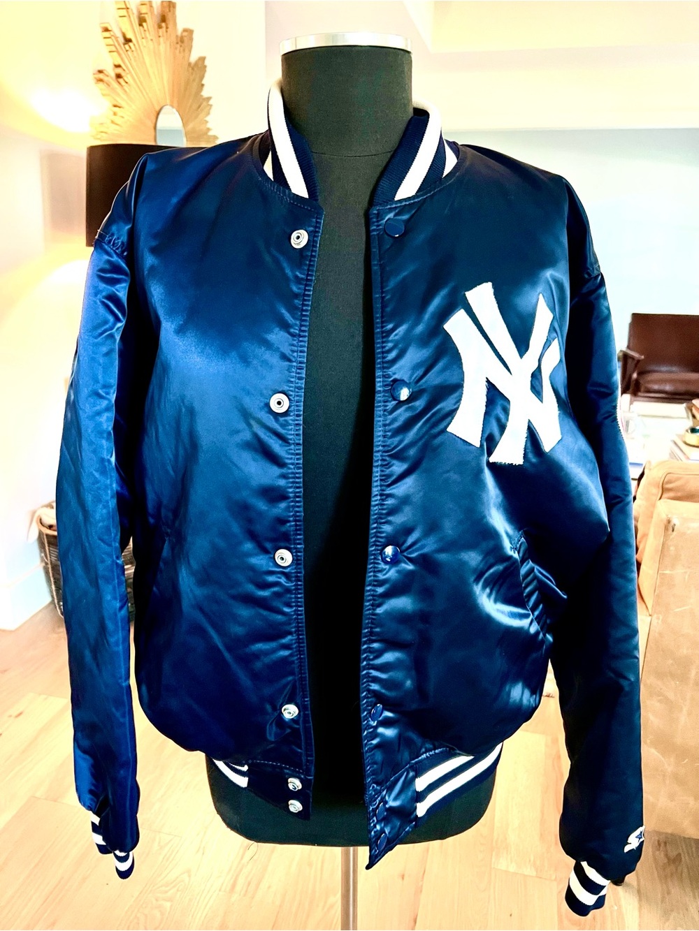 1990s NY Yankees Starter Satin Bomber Jacket - Navy Large Vintage